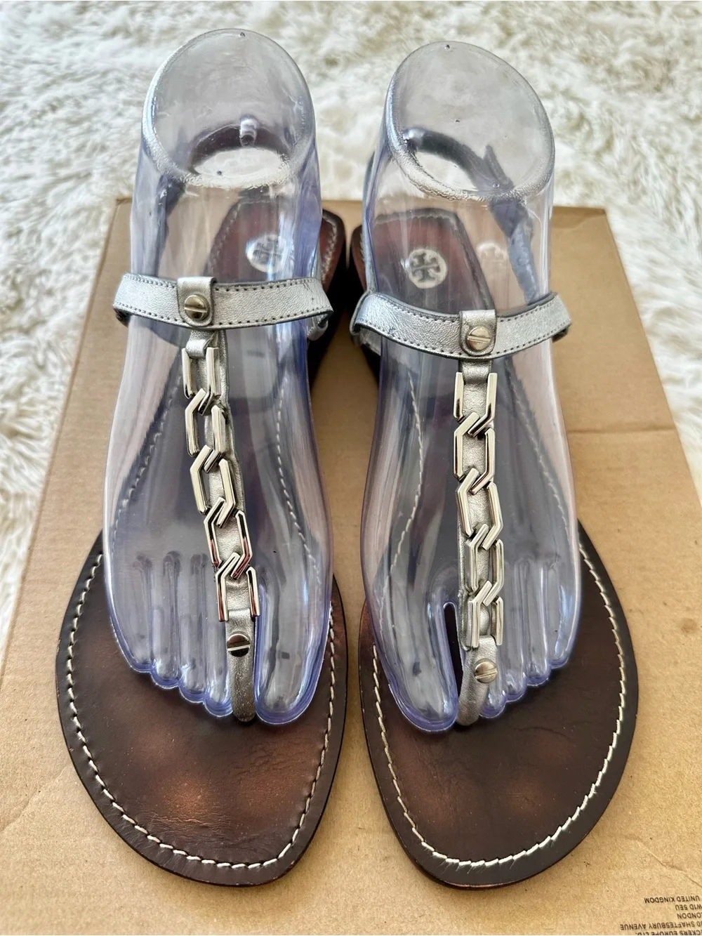 TORY BURCH Alani Chain Link Wedge Sandals Silver Metallic Leather Size 9
